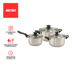 Set of 6pcs Metro Cookwares  Sauce Pan,Sauce Pot & 3pcs Glass Lid   Stainless Steel MCW 7260