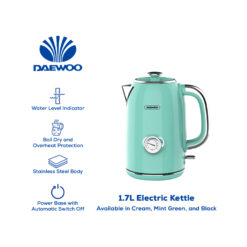 Daewoo Electronic Appliances Electric Kettle Mint Green/Cream/Black 1.7 L 7 Cups 220-240V~50/60Hz 1850-2200W DEK-17L