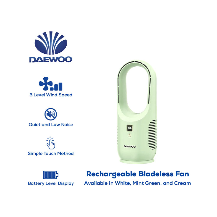 736x736_Daewoo Updated Products for Website 2026_DRBF-01MG_Rechargeable Bladeless Fan Mint Green