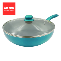 Metro Cookwares Pressed Wok with Glass Lid 30cm Titanium Induction Base MWO 7817A Rojo/ Salmon/ Torquoise